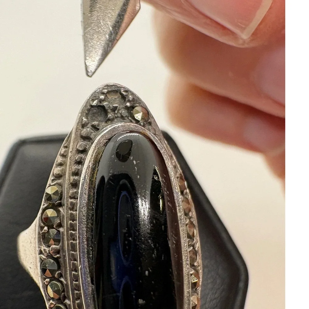 Vintage 925 Sterling Silver Black Onyx Marcasite Navette Ring Art Deco Size 5.5